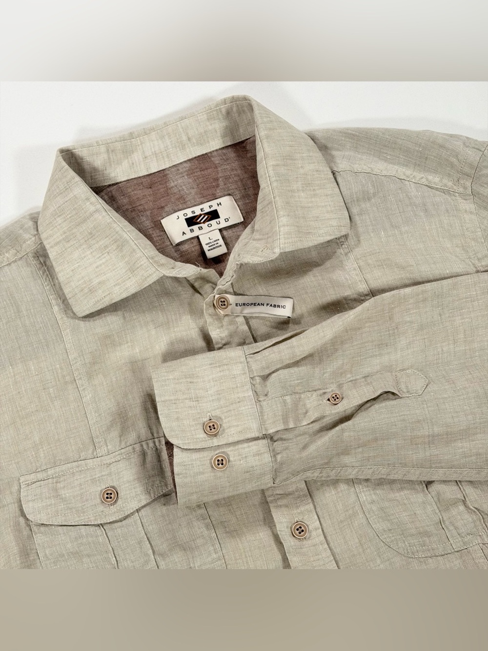 Joseph Abboud Mens 100% Linen Shirt Large L Tan Beige Roll Tab European Fabric